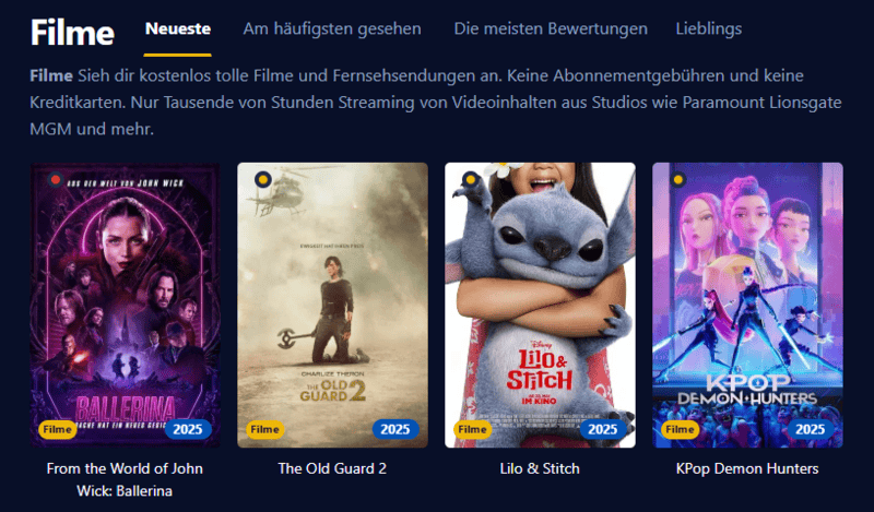 Bildschirmfoto der Oberfläche von Einschalten die eine moderne Streaming Plattform mit Filmen und Serien zeigt